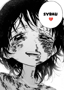a black and white drawing of a girl with sybau written in red