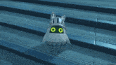 a cartoon character with a knight 's helmet on stands on a set of blue stairs