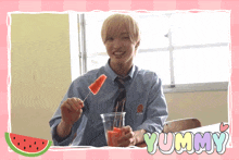 a picture of a man eating watermelon with the word yummy written on the bottom