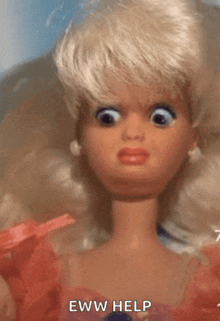 a close up of a barbie doll with the words eww help written below it