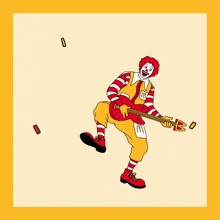 a cartoon drawing of mcdonald 's ronald mcdonald playing a red guitar