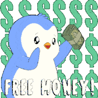 a penguin holding a stack of money with the words free money behind it