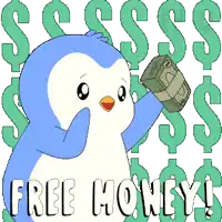 a penguin holding a stack of money with the words free money behind it