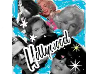 a poster with hollywood written in white on a blue background