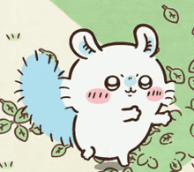 a drawing of a rabbit with a blue tail