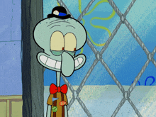 squidward from spongebob wearing a top hat and a watch