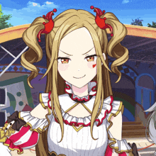 a girl with pigtails and a heart on her face