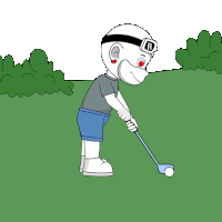 a cartoon drawing of a man holding a golf club and a ball with the letter m on his head