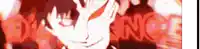 a close up of a person 's face with a red background and the word distance in the background .