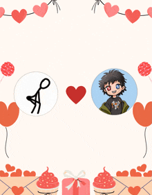 a picture of a stick figure and a picture of a boy surrounded by hearts