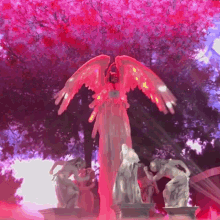 a statue of an angel with red wings stands in front of a tree with pink flowers