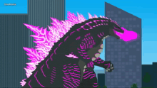 a cartoon drawing of a monster with pink flames and the name dinomania on the bottom right