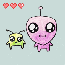 a drawing of two aliens and the words game over in pink