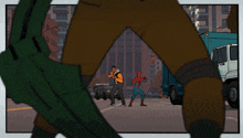 a cartoon of a man and a spider-man standing in front of a truck that says qcorp