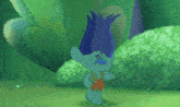 a troll with blue hair and a blue mustache is dancing