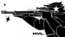 a black and white drawing of a man holding a sniper rifle with the word hvl below it
