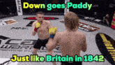 a boxing match with the words down goes paddy just like britain in 1842 on the bottom