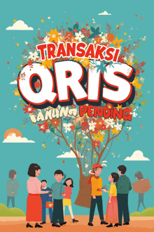 an illustration of a group of people standing around a tree with the words transaksi oris hanging pending