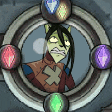 a cartoon character with a cross on his chest is surrounded by various colored gems