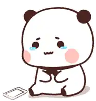 a cartoon panda bear is crying while sitting next to a phone .