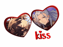 two hearts with images of anime characters and the word kiss below them