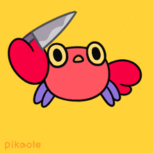 a cartoon of a crab holding a knife with the word pikoole on the bottom