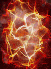 a red and yellow background with a glowing object in the center