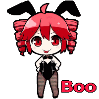 a cartoon girl with red hair and bunny ears says boo