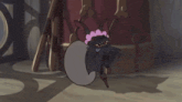 a cartoon of a bat pointing at a large mouth with teeth