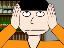 a cartoon character with a cigarette in his mouth covering his ears