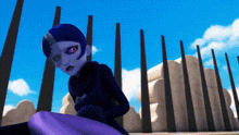 a purple cartoon character is standing in front of a row of pillars .