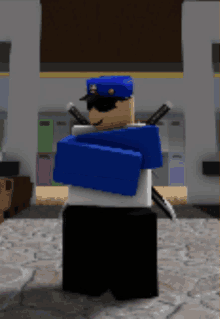 a cartoon character is wearing a blue hat and holding two swords
