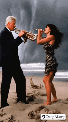 a man playing a trumpet next to a woman playing a saxophone on the beach