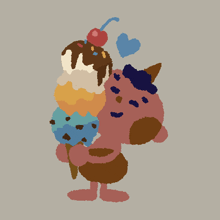 a pixel art drawing of a person holding a stack of ice cream cones with a cherry on top