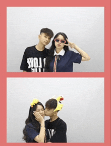 a boy and a girl are posing for a picture and the girl is wearing a headband with a duck on it