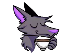 a cartoon drawing of a wolf with purple ears drinking a cup of coffee