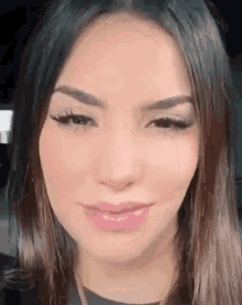 a close up of a woman 's face with long hair .