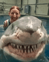 a woman is smiling next to a shark that has a shirt that says usa on it