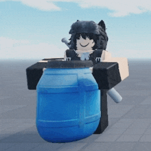 a cartoon character is holding a blue barrel