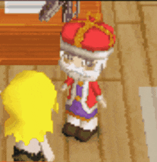 a cartoon character with a crown on his head stands next to a girl with yellow hair