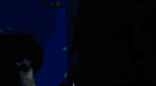 a man wearing glasses and a blue shirt is standing in a dark room