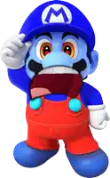 a cartoon character wearing overalls and a blue hat with a letter m on it