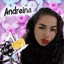 a woman stands in front of a microphone with the name andreina on the bottom