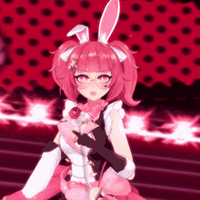 a girl with pink hair and bunny ears holding a rose