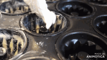 a bunch of doughnuts in a pan that says made in animatica on the bottom