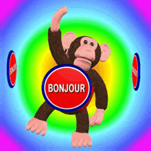 a monkey with a sign that says bonjour