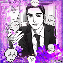 a man in a suit and tie is surrounded by purple flowers and cartoon characters and says greet ya