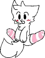 a white cat with pink striped socks on its feet is sitting down .