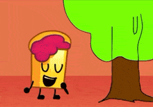 a cartoon of a slice of bread with jelly on it and a tree in the background .