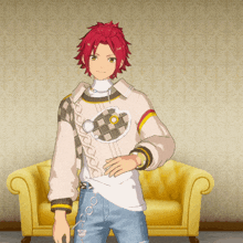 a man with red hair is standing next to a yellow couch